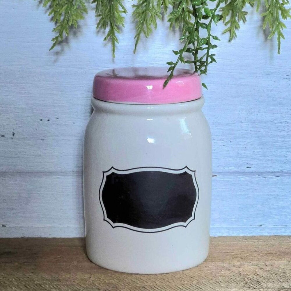 White & Pink Lid Chalkboard Kitchen Pantry Jar Shabby Chic Decor Farmhouse